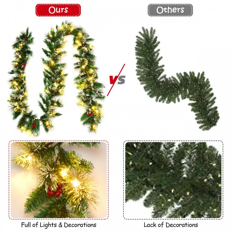 9-foot pre-lit Christmas garland with red berries, featuring 50 LED lights for vibrant indoor and outdoor holiday decor.