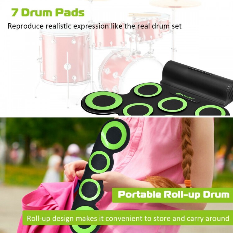 Portable roll-up electronic drum set with 7 sensitive-touch pads, ideal for beginners and music lovers, for easy.