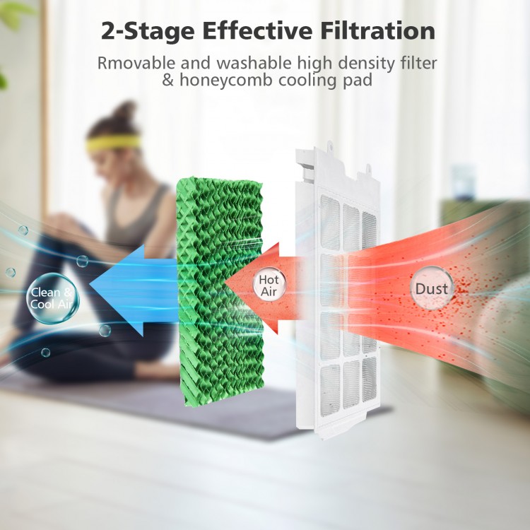 Evaporative portable air cooler fan with 20L water tank, remote control, and 3 modes for efficient cooling and air.