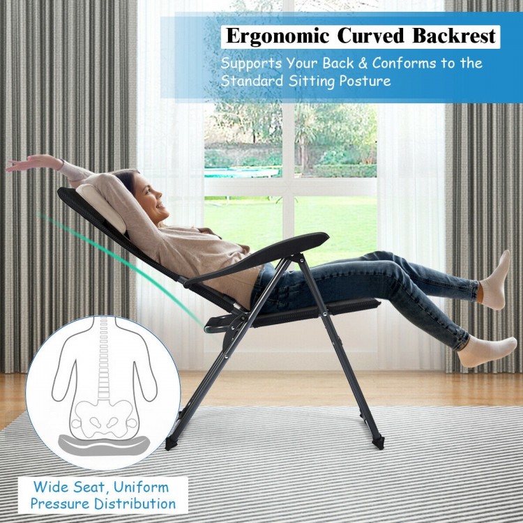 Adjustable backrest folding patio chair in black, made of steel and oxford fabric, perfect for outdoor relaxation.