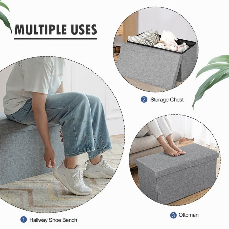 Light gray folding storage ottoman with lift top, featuring sturdy MDF construction and spacious interior for versatile.