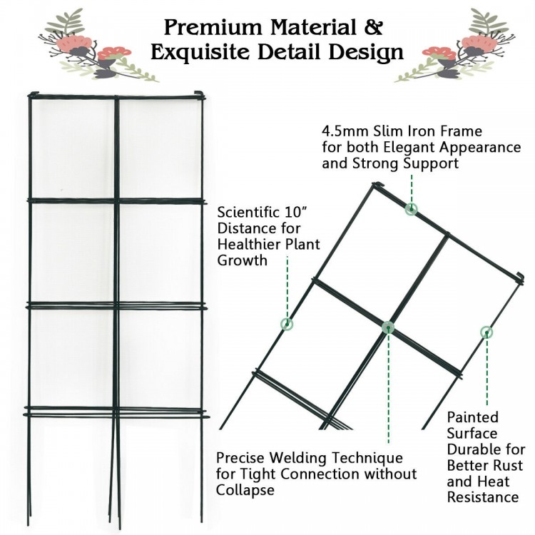 4-pack garden trellis with a slim iron frame, dark green finish, designed for climbing plants like beans and roses.
