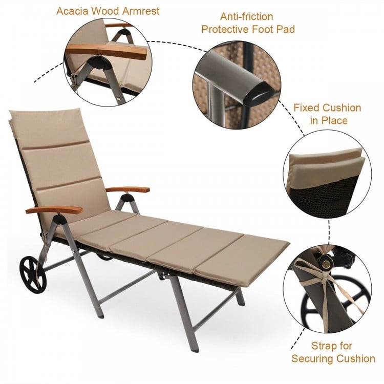Outdoor rattan chaise lounge chair with adjustable backrest, soft cushion, and acacia wood armrests for comfortable.