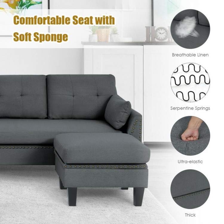 Reversible L-shaped sectional sofa in gray with movable ottoman, soft sponge cushions, and breathable linen fabric for.