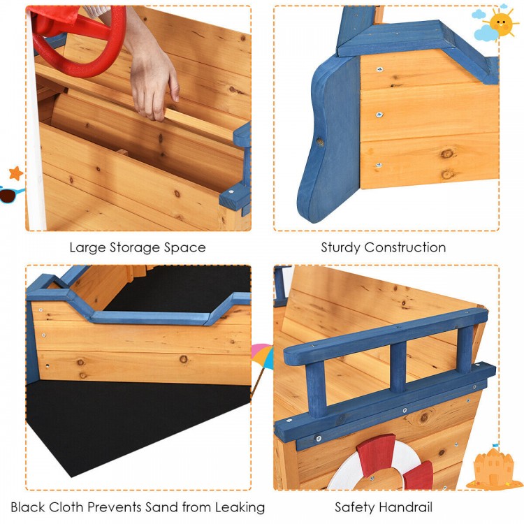 Wooden pirate boat sandbox with large storage space, sturdy fir construction, and black fabric to prevent sand leakage.