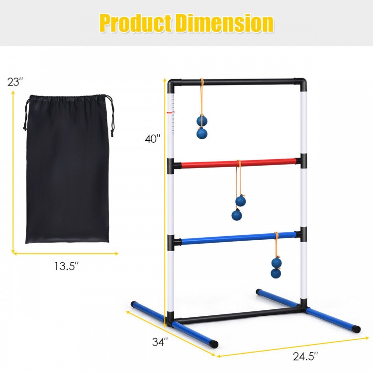 Ladder ball toss game set with score tracker, featuring durable PVC pipes and carrying bag for easy storage and.