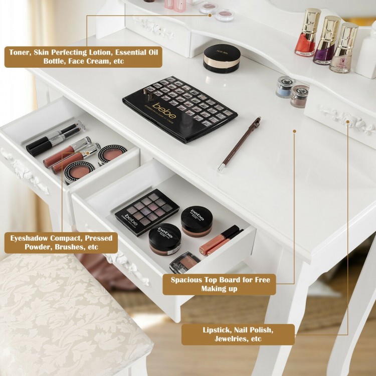 Makeup vanity dressing table set in white with dimmable bulbs, featuring spacious drawers and a cushioned stool for.