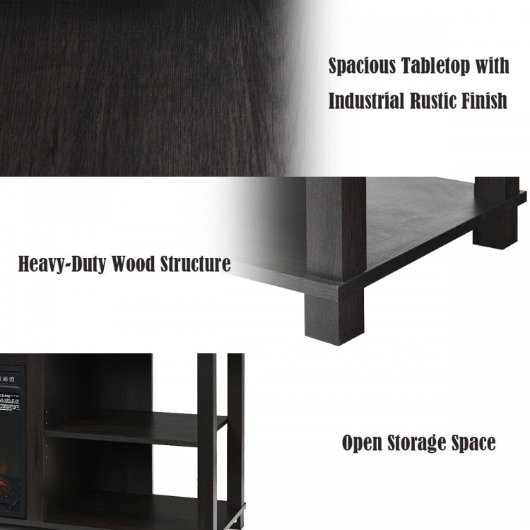 Spacious tabletop with industrial rustic finish and heavy-duty wood structure for versatile TV storage and decor.