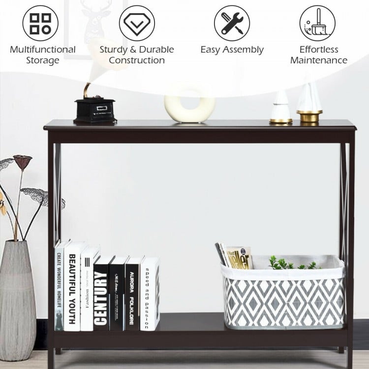 Dark brown 2-tier console table with X-design, sturdy P2 MDF, open shelf for storage, ideal for living rooms and.