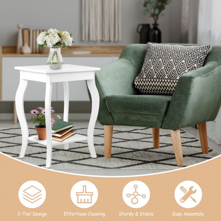 Accent side table with a white finish, featuring a 2-tier design and lower shelf for storage, perfect for living room.
