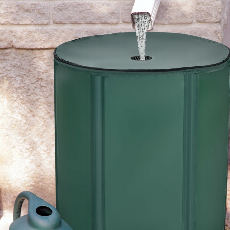 Collapsible 60-gallon rain barrel in green with water inlet filter, ideal for efficient water collection and storage.