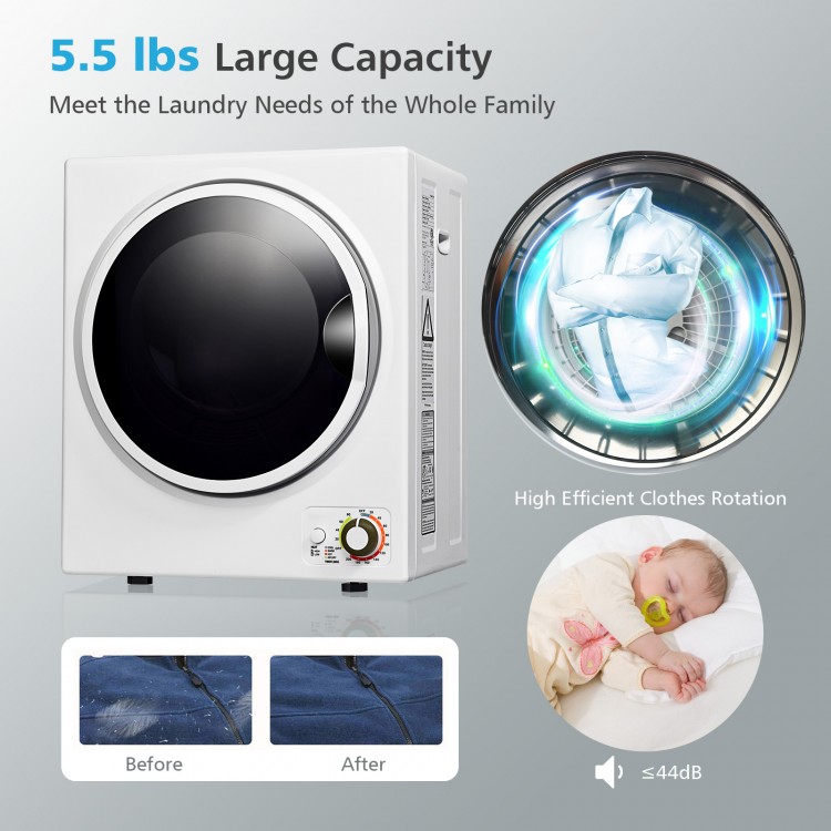 Compact 1.5 cu. ft. clothes dryer in white with stainless steel tub, featuring a see-through window and anti-wrinkle.