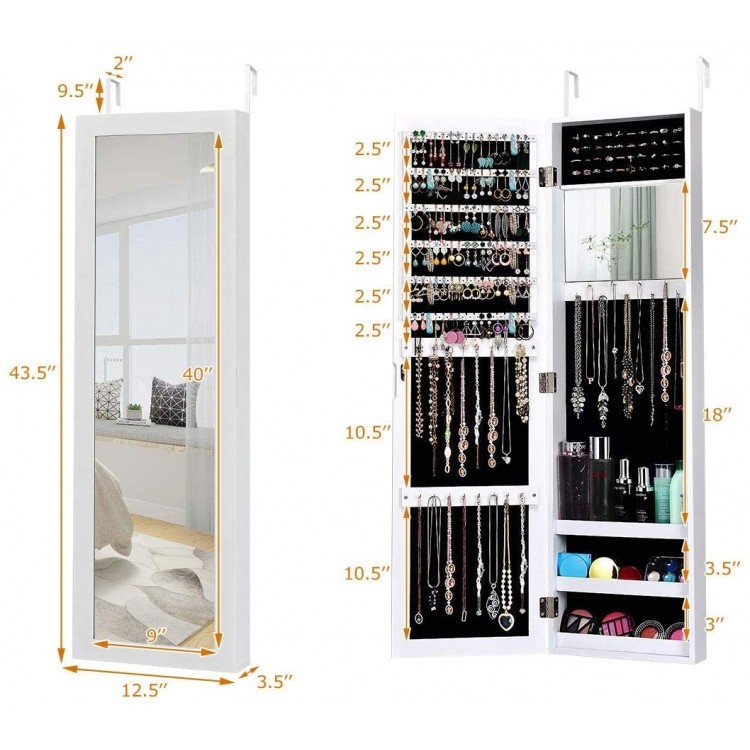 Wall-mounted jewelry cabinet in white with full-size mirror, featuring 40 ring slots and multiple hooks for organized.