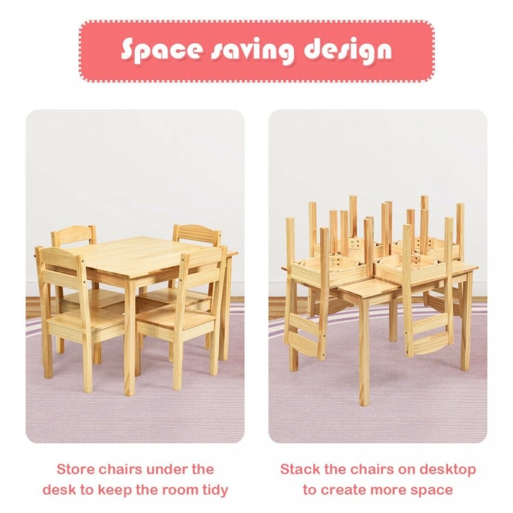 Kids pine wood table and chair set showcasing space-saving design with stacked chairs and table for tidy storage.