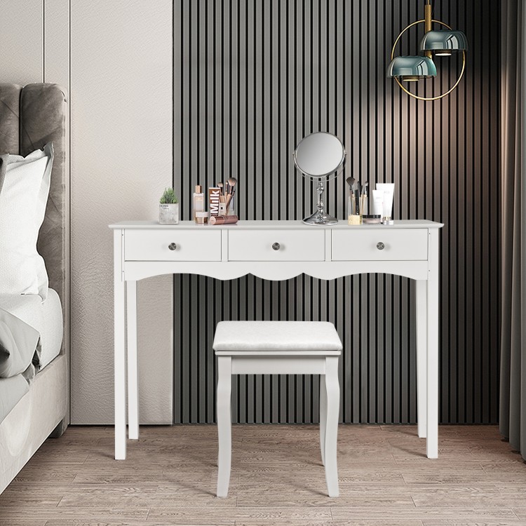 Elegant white side sofa table with a glossy surface and three drawers, perfect for stylish hallway or entryway storage.