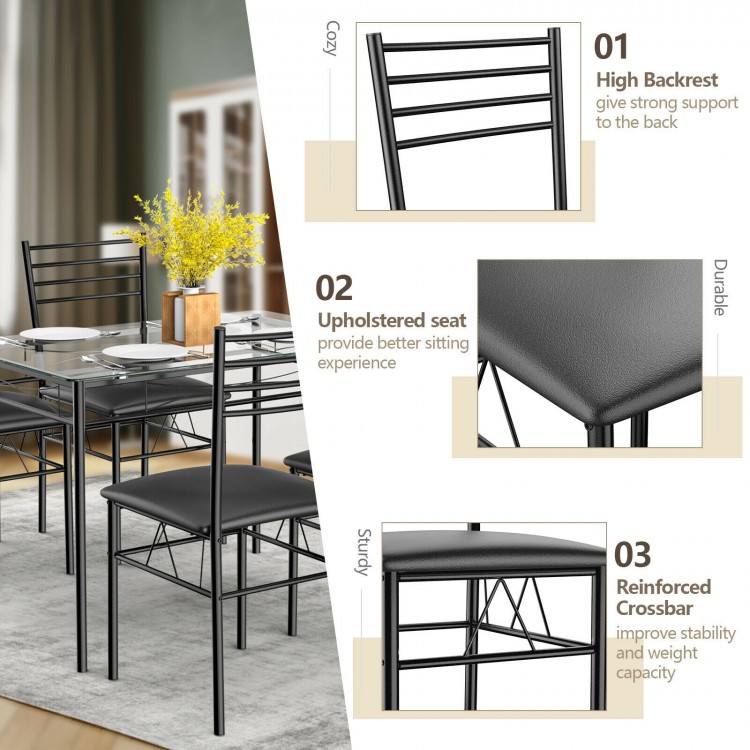 5-piece dining set featuring a tempered glass top table and 4 upholstered chairs, perfect for kitchens and dining rooms.