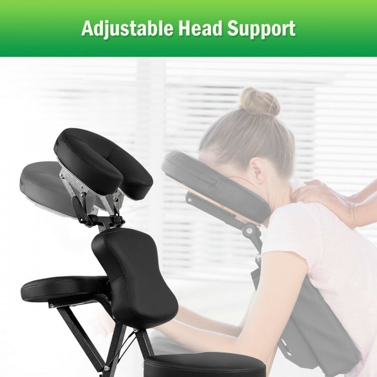 Adjustable head support on a PU leather pad travel massage chair, featuring a durable aluminum frame and soft padding.