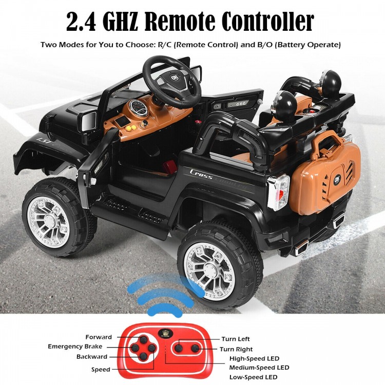 Kids ride-on truck in black with MP3, LED lights, and parental remote control for safe outdoor fun.