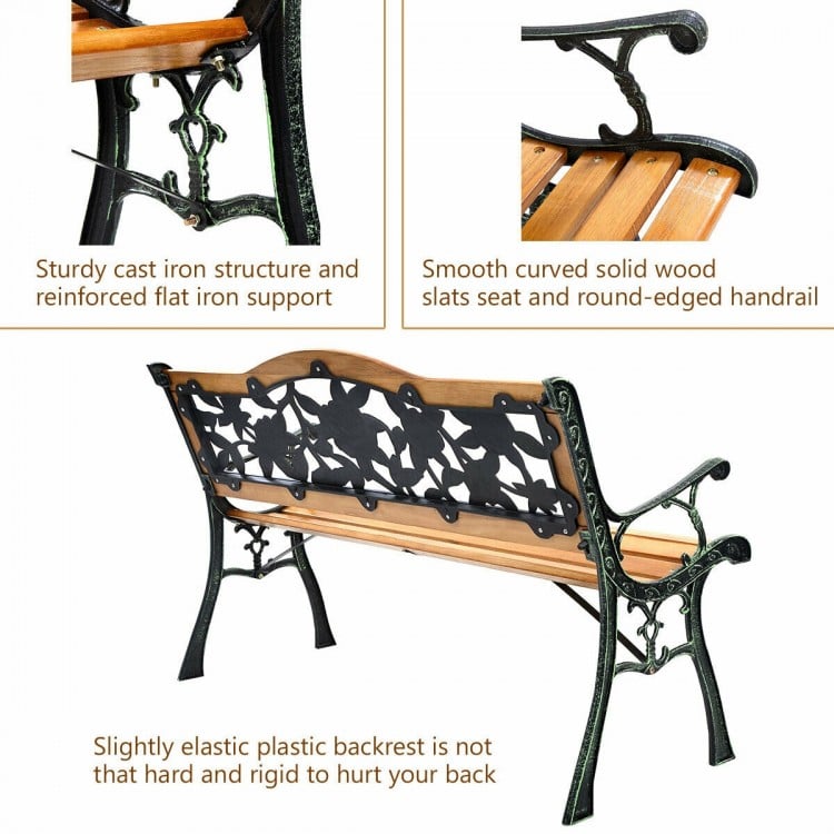 Outdoor cast iron patio bench with solid wood seat, rose design backrest, and sturdy iron structure for three adults.
