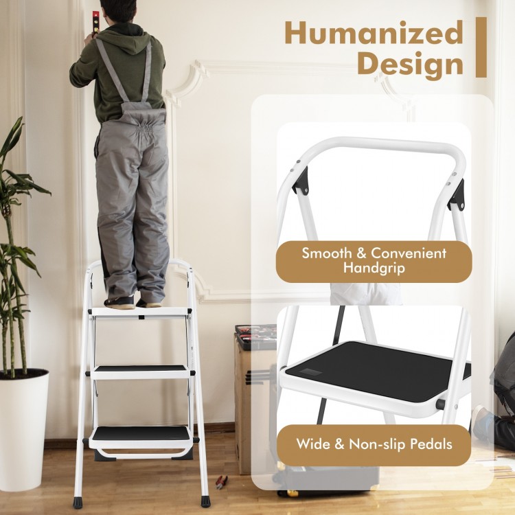 Folding 3-step ladder showcasing wide anti-slip pedals and smooth handgrip, perfect for safe access in home or office.