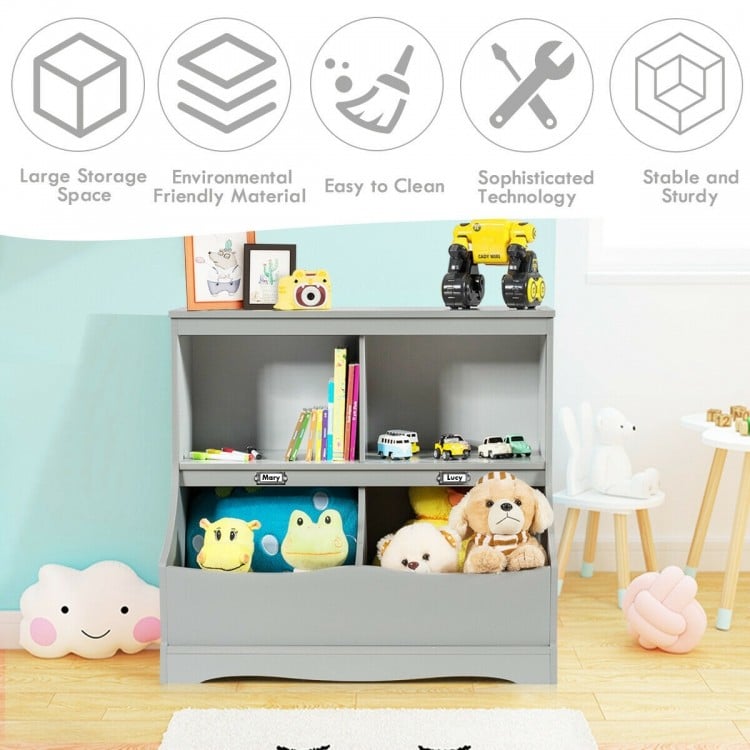 Gray 3-tier kids bookcase storage organizer featuring spacious top surface for displaying books and toys in a playful.