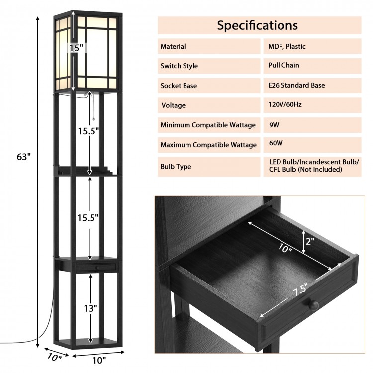 Modern floor lamp with shelves and drawer, featuring a white lampshade, USB ports, and a compact vertical design.