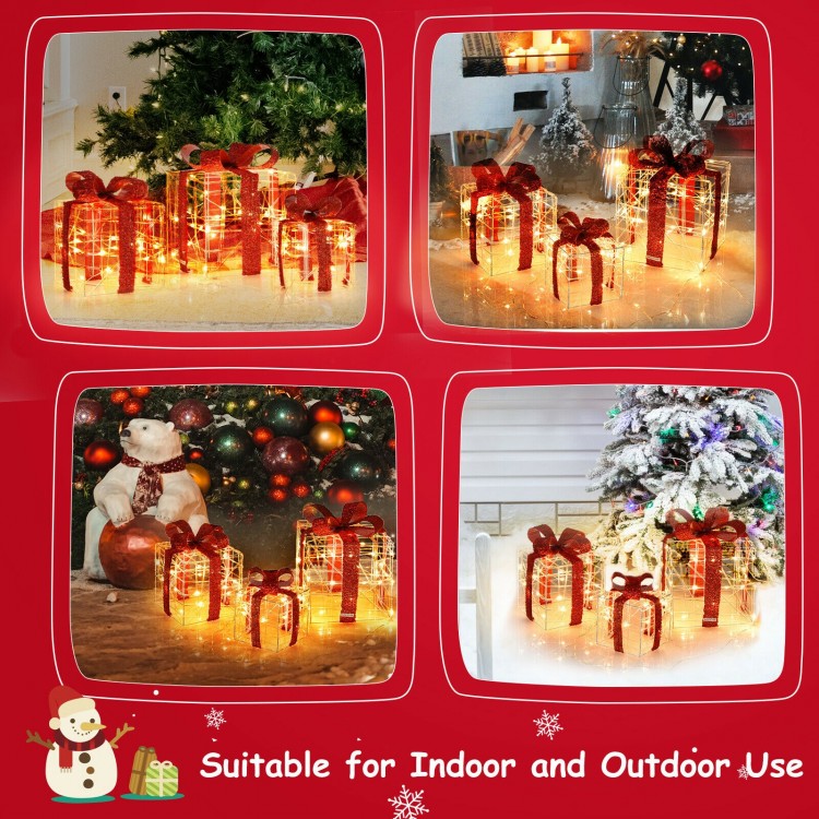 Three lighted Christmas gift boxes with red bows, featuring 60 LED lights for festive indoor and outdoor decoration.