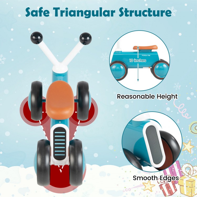 Baby balance bike in blue with a safe triangular structure, 10-inch seat height, and smooth edges for kids 10-24 months.