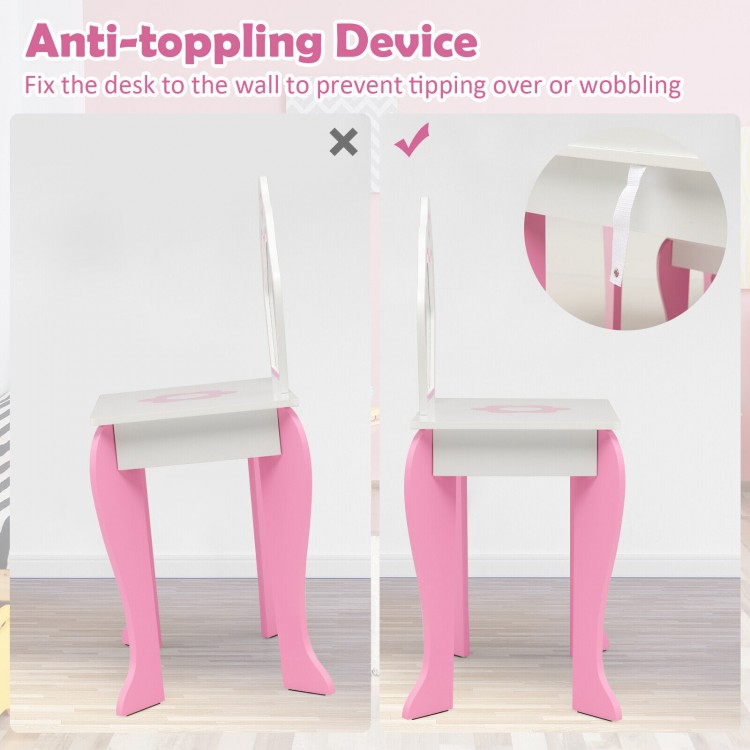 Anti-toppling device for toddler vanity set, ensuring stability and safety for children’s use with cute flower patterns.