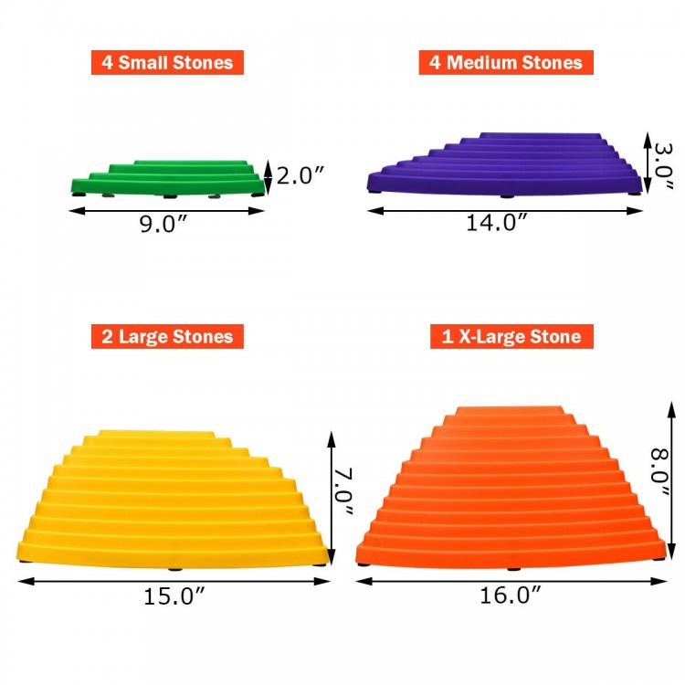 Colorful 11-piece kids balance stepping stones set with non-slip bottoms for indoor and outdoor play and coordination.