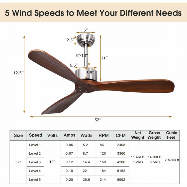 52-inch modern ceiling fan with brushed nickel finish, solid wood blades, and remote control for versatile air.