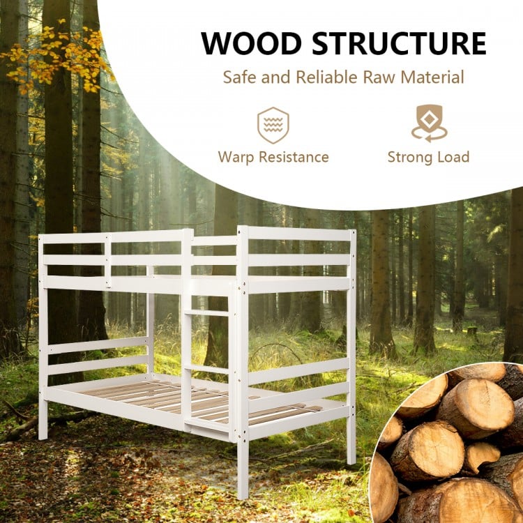 Twin wooden bunk bed in white, featuring solid hardwood, guardrails, and space-saving design for compact rooms.
