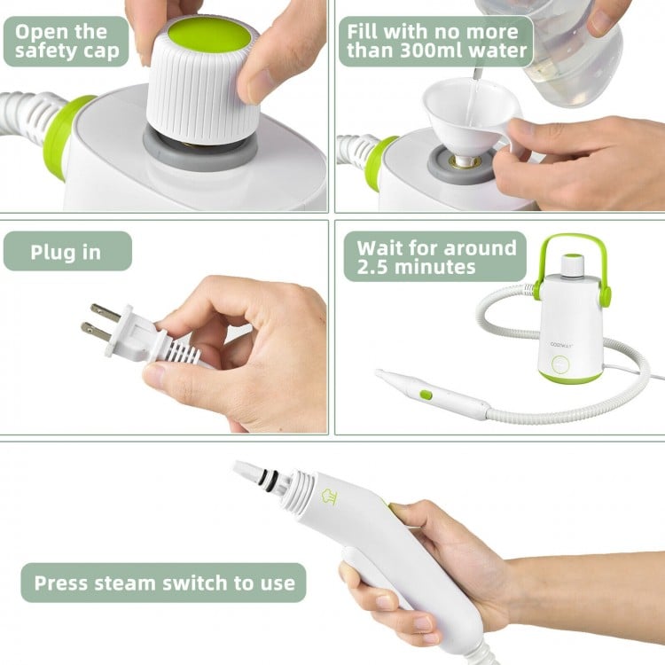 Hand-held steam cleaner with safety cap, measuring cup, and funnel for easy water filling, ideal for versatile cleaning.