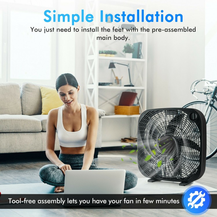 20-inch black box fan with 3-speed settings, knob control, and durable design for efficient cooling in any space.