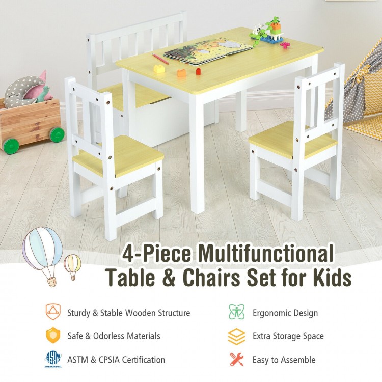 Kids wooden activity table and chairs set with storage bench, ergonomic design, sturdy MDF, perfect for play and study.