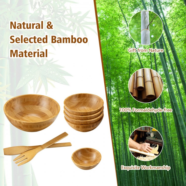 8-piece bamboo salad bowl set with serving utensils, eco-friendly, durable, perfect for salads and snacks.