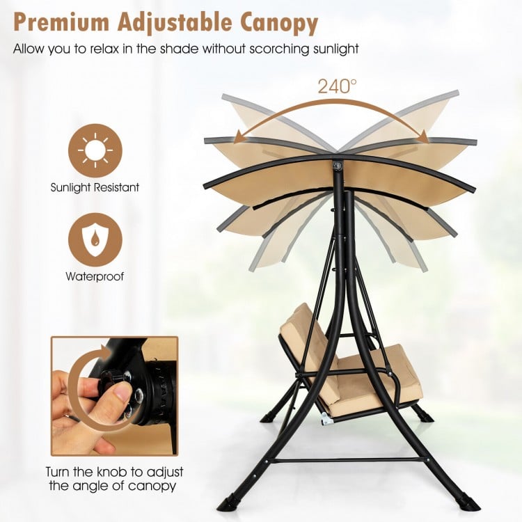 3-seat outdoor porch swing with adjustable beige canopy, padded cushions, and rustproof steel frame for backyard.