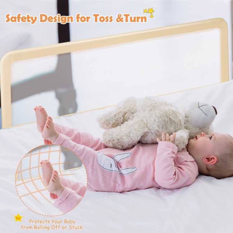 Extra long 59-inch beige baby bed rail guard with breathable mesh, providing safety for toddlers during sleep.