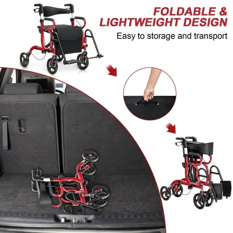 Folding rollator walker in red with 8-inch wheels, showcasing its lightweight, foldable design for easy transport and.