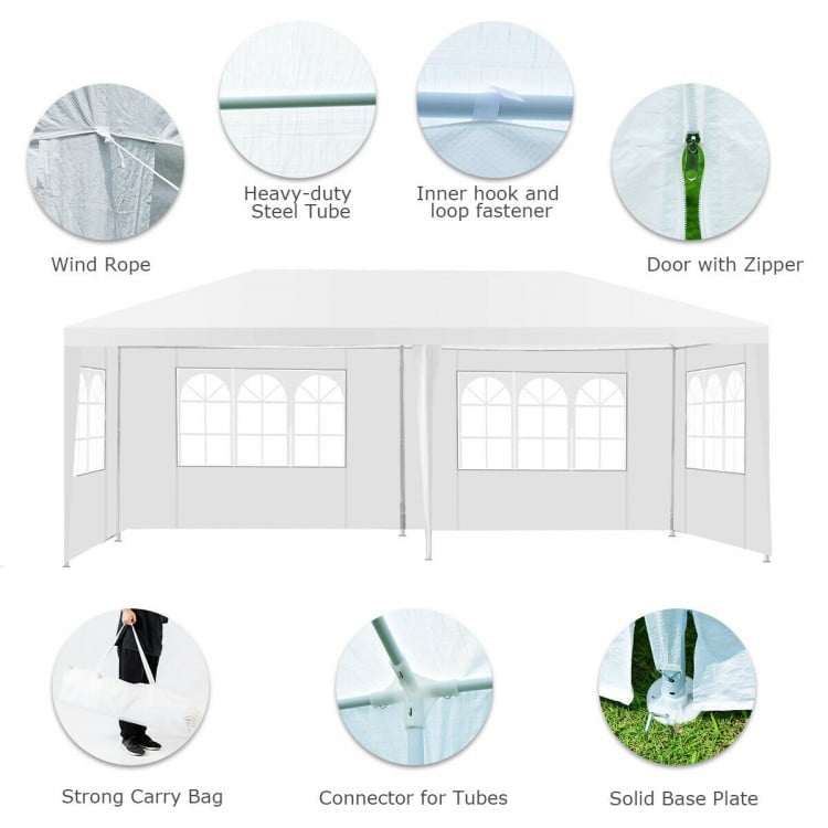 10x20 feet white canopy tent with 6 sidewalls, sturdy steel frame, and carry bag, ideal for outdoor events and parties.