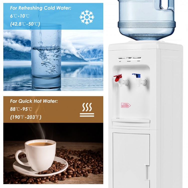 5-gallon hot and cold water cooler dispenser with child safety lock, LED indicators, and detachable drip tray for easy.