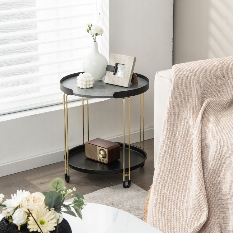 Side view of the 2-tier round side table showcasing its grey dolomite top and elegant golden metal frame for modern.