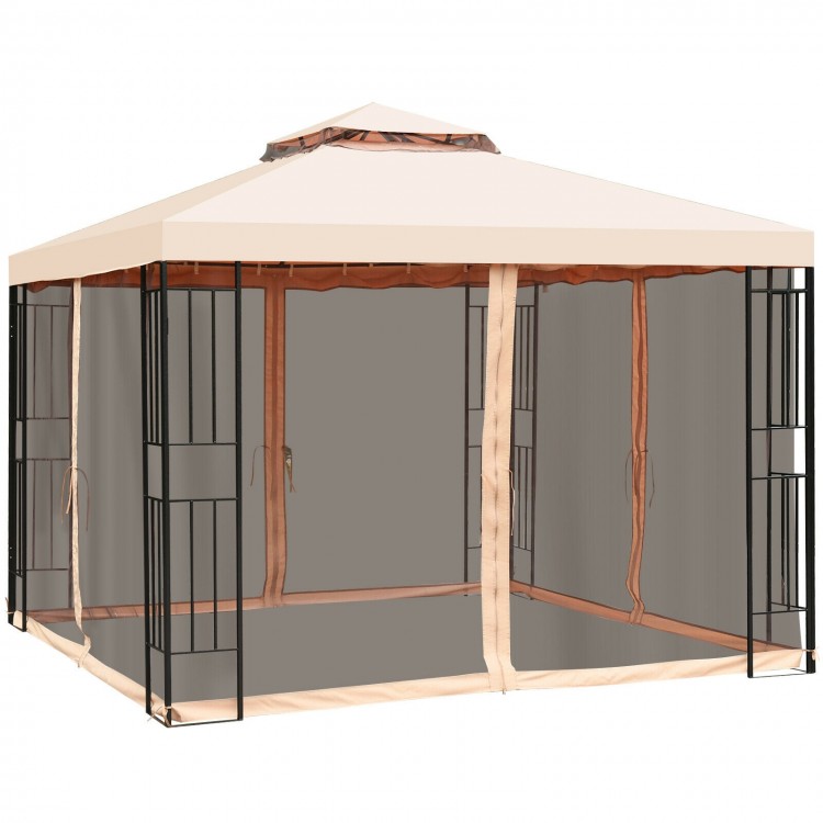 10x10 feet 2-tier vented metal canopy with mosquito netting, featuring a rust-resistant frame for outdoor events.