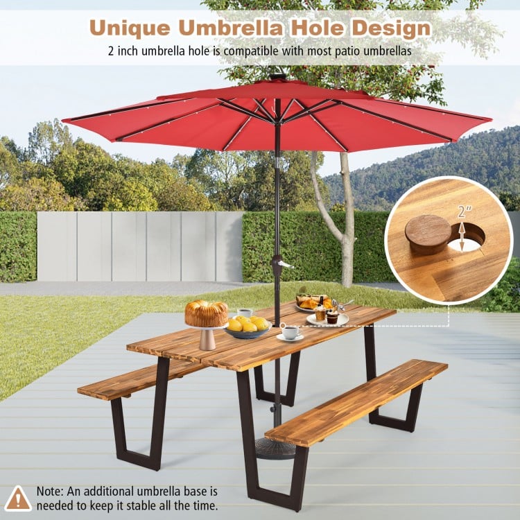 70-inch dining table set made of acacia wood with a red umbrella hole, perfect for outdoor use in backyards or gardens.