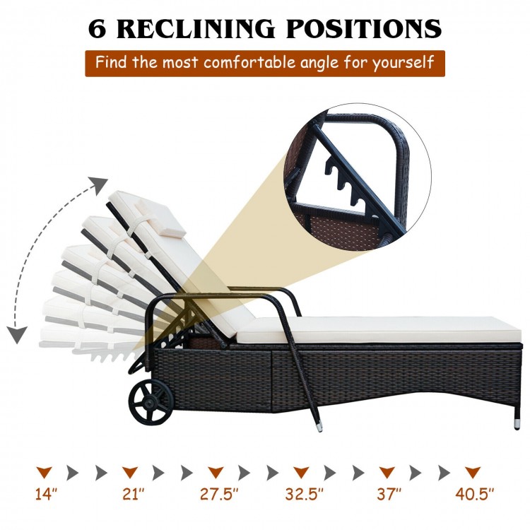 Adjustable backrest of the outdoor cushioned chaise lounge in six positions, featuring weather-resistant PE rattan for.