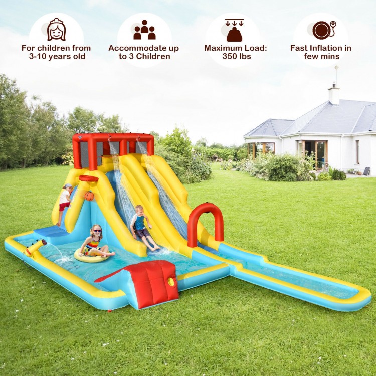 Inflatable dual slide water park with climbing wall, pool, and basketball hoop for kids aged 3-10, durable Oxford cloth.