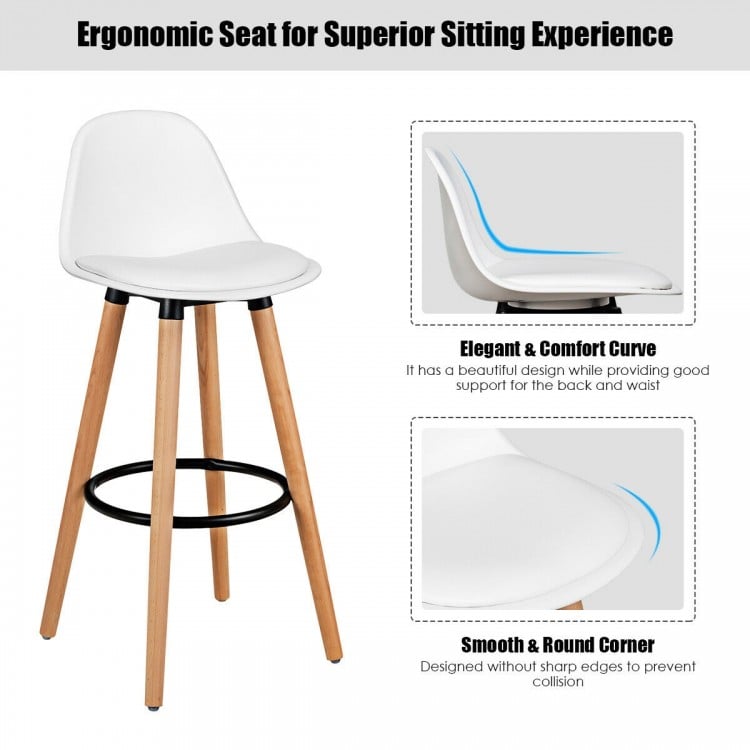 Close-up of the white PU leather seat and curved mid back of a mid-century barstool, ensuring comfort and style.
