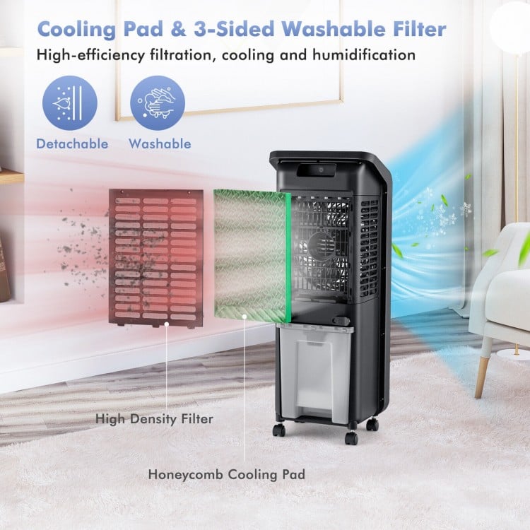 3-sided honeycomb cooling pad and high-density filter of the 3-in-1 evaporative air cooler for effective cooling.