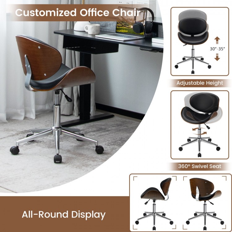 Adjustable leather office chair with curved bentwood seat, ergonomic design, and 360° swivel for versatile use.