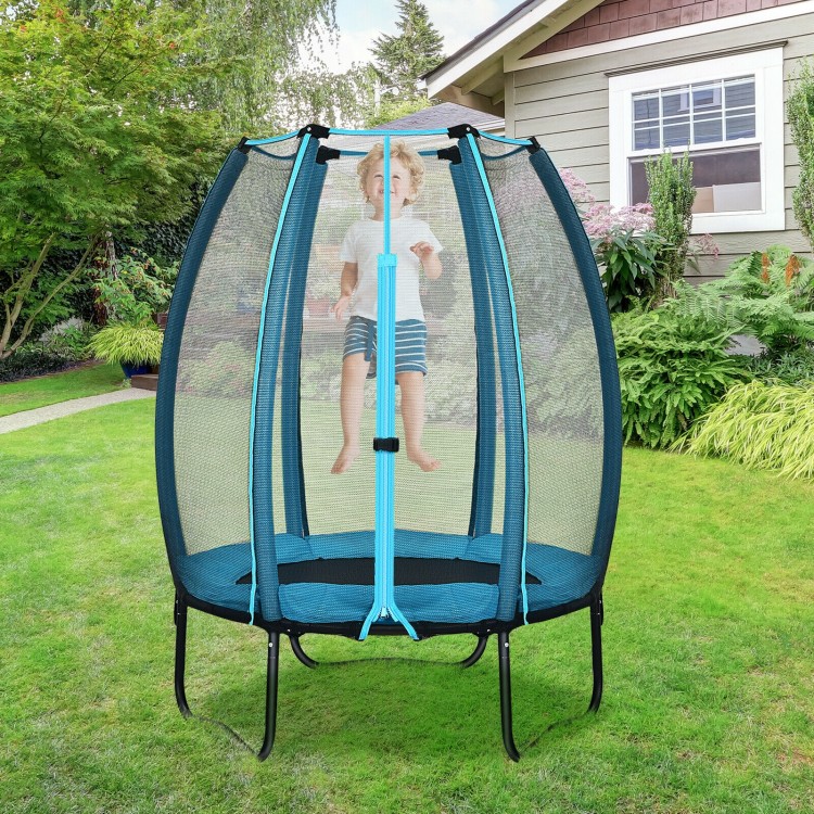 Kids bouncing on a 4 feet trampoline with enclosure net in blue, designed for safe indoor and outdoor play.